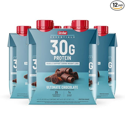 SlimFast Essentials 30g Protein Shake Chocolate, Protein Shakes Ready to Drink, Muscle Support, 1g Sugar, 25 Vitamins and Minerals, 3g Net Carbs, Ultimate Chocolate, 12 Count