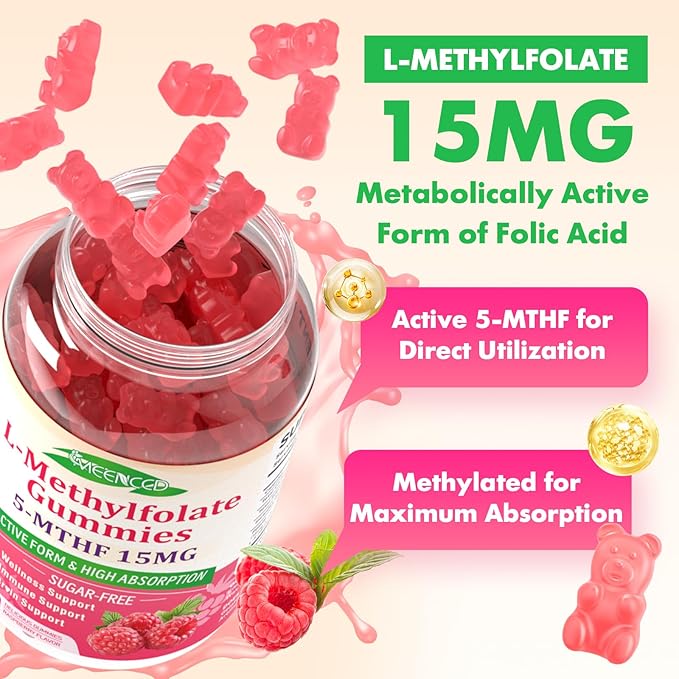 MEENCCD 2 Pack L-Methylfolate 15mg Gummies, Methylfolate Supplement, 5-MTHF Supplement - Active 5-MTHF - Supports Overall Wellness, Vegan, Raspberry Flavor, 120 Count