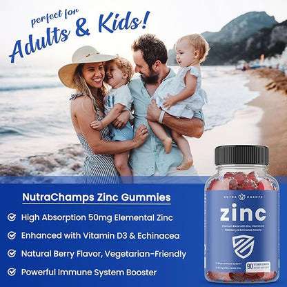 NutraChamps Zinc Gummies | 4-in-1 Zinc Gummies Adult | Zinc Chewable 50mg with Vitamin D3 2000 IU, Elderberry & Echinacea | Immune, Heart & Brain Support | 90 Count