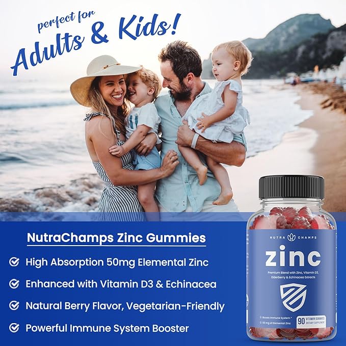 NutraChamps 4-in-1 Zinc Gummies, 50mg Chewable Zinc Supplement Gummies with Vitamin D3 2000 IU, Elderberry & Echinacea, Immune, Heart & Brain Support, 180 Count (Pack of 2)