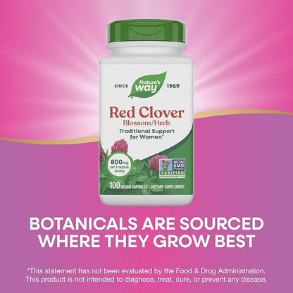 Nature's Way Red Clover Blossom Herb, Traditional Health Support for Women*, 800 mg per 2-Capsule Serving, Non-GMO Project Verified, Red Clover Supplement, 100 Vegan Capsules (Packaging May Vary)