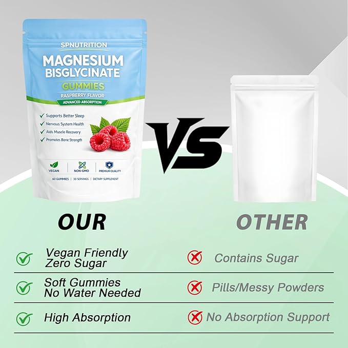 Spnutrition Magnesium Bisglycinate Gummies with 400mg Magnesium Bisglycinate Chelate,Sea Salt,Raspberry Fruit Powder,Improve Sleep,Vegan,Non-GMO,Daily Mineral Support,60 Count