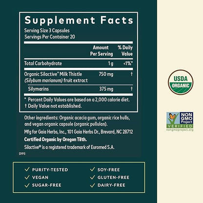 Gaia Herbs Milk Thistle - Liver Supplement & Cleanse Support for Helping to Maintain Healthy Liver Function* - 60 Vegan Capsules (20 Servings)
