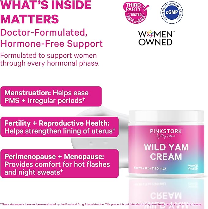 Pink Stork Wild Yam Cream for Hormone Balance | Doctor-Formulated | Topical Alternative to Supplements for Women | PMS, Fertility, Perimenopause, Menopause Support - Unscented, 4 oz, 1 Month Supply