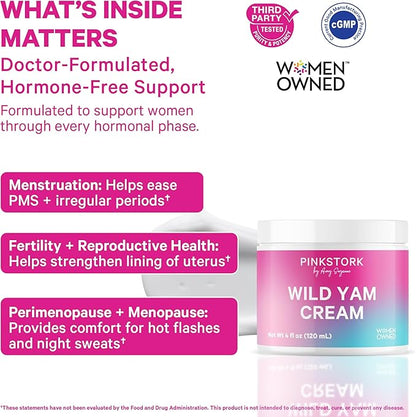 Pink Stork Wild Yam Cream for Hormone Balance | Doctor-Formulated | Topical Alternative to Supplements for Women | PMS, Fertility, Perimenopause, Menopause Support - Unscented, 4 oz, 1 Month Supply