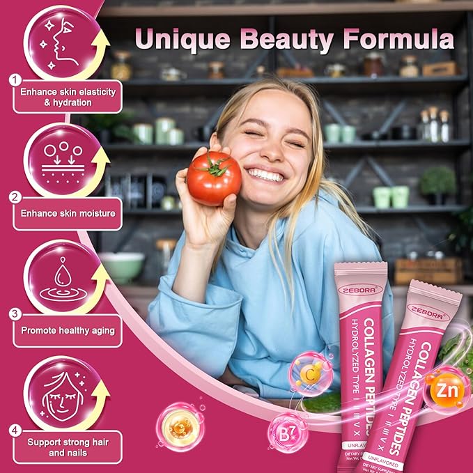 ZEBORA Multi Collagen Peptides Powder Packets with Hyaluronic Acid, Biotin, MCT - Hydrolyzed Collagen with 5 Billion Probiotics - Support Skin Hair Nail & Gut Health - 30 Stick Packs