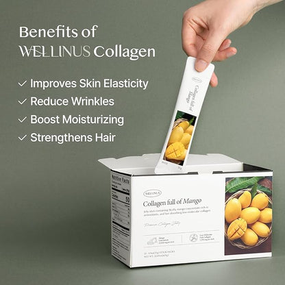 WELLINUS Korean Collagen Jelly Sticks - 25 Mango Flavored Marine Collagen Peptide Snacks for Anti-Aging- Collagen Protein Sugar-Free, Travel Packs for Hair & Nail Strength