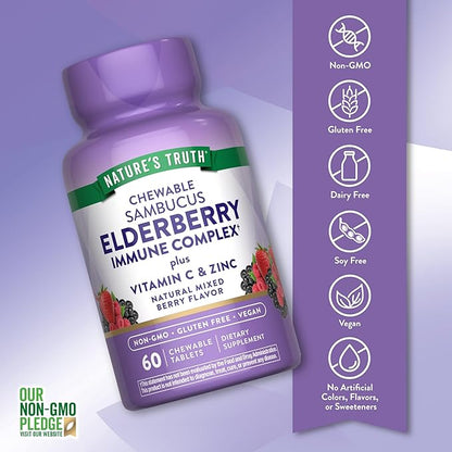 Nature's Truth Elderberry Immune Complex | 60 Chewable Tablets | Plus Vitamin C & Zinc | Mixed Berry | Vegan, Non-GMO, & Gluten Free Supplement