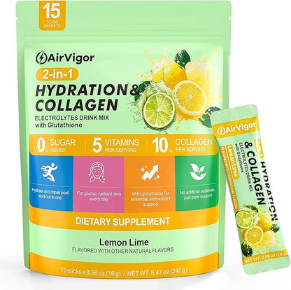 Electrolyte Collagen Powder Packets, 10g Collagen Protein Drink Mix for Hydration Recovery, Zero Sugar 2-in-1 Post Workout Rehydration, Joint Skin Muscle Support, 5 Vitamins, Lemon Lime