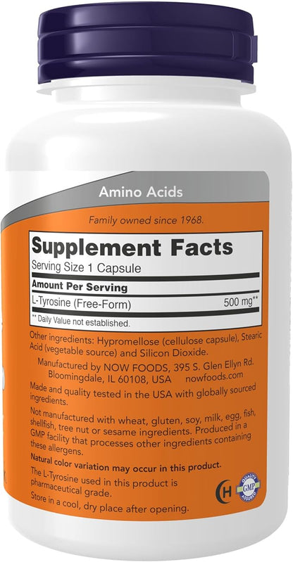 NOW Supplements, L-Tyrosine 500 mg, Supports Mental Alertness*, Neurotransmitter Support*, 120 Capsules (Pack of 2)