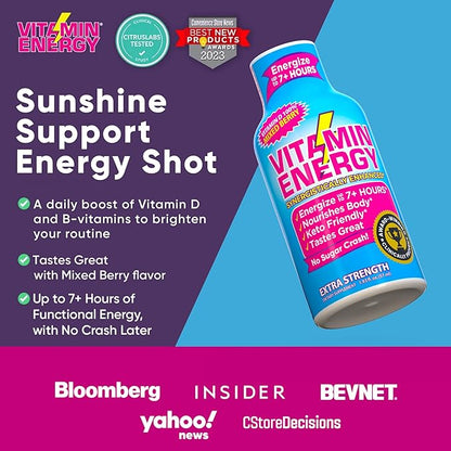 Vitamin Energy Vitamin D Extra Strength Energy Shot Mixed Berry 24 Pack, 260mg Natural Caffeine, B-Complex, Vitamin D, Wellness Support, Keto, Zero Sugar, Gluten-Free Vegan Kosher, 1.93 fl oz