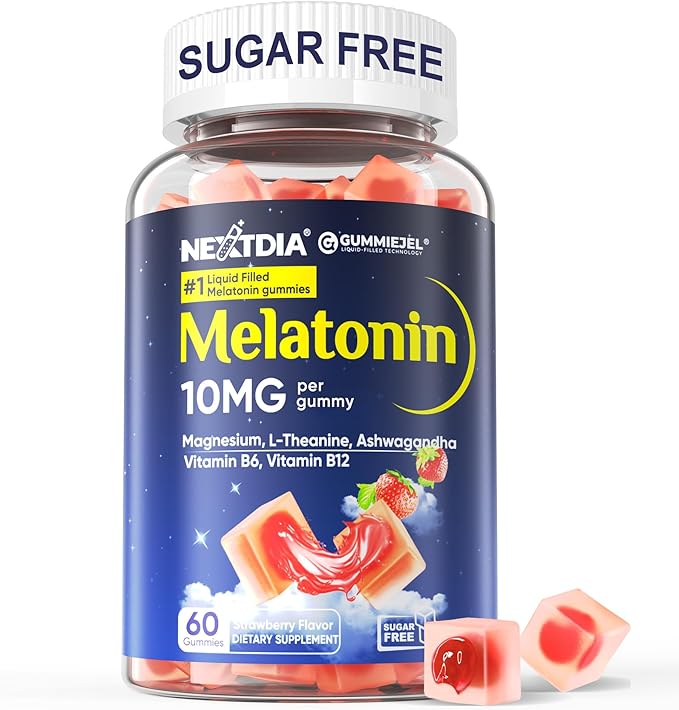 Nextdia Sugar Free Melatonin Gummies 10mg 20mg Magnesium Glycinate Melatonin for Adults, Ashwagandha, L-Theanine, B6, B12, Lemon Balm and Chamomile for Deep Relaxation, Antioxidant, Vegan, 60 Day
