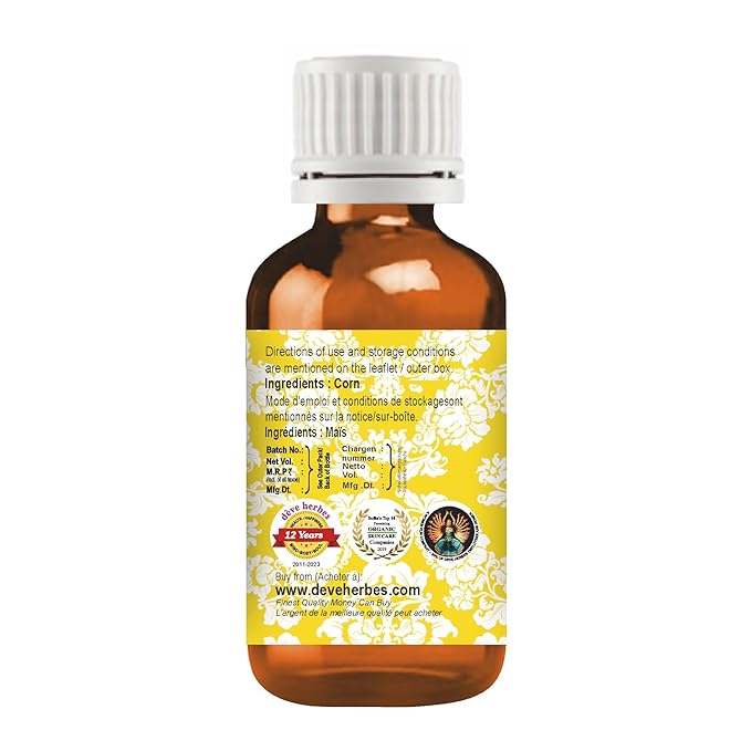 Deve Herbes Corn Oil (Zea mays) | Cold Pressed | Pure | Natural | Undiluted | for Diluting Essential Oils | for Skin & Massage | Non-Sticky | Lightweight | Men & Women | 30ml (1 oz)