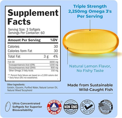 Triple Strength Omega 3 Fish Oil 3000mg - High Potency Omega 3 Supplement for Women and Men, Burpless Lemon Flavor Fish Oil - 2250mg Essential Fatty Acids with DHA & EPA, Wild Caught, 180 Softgels
