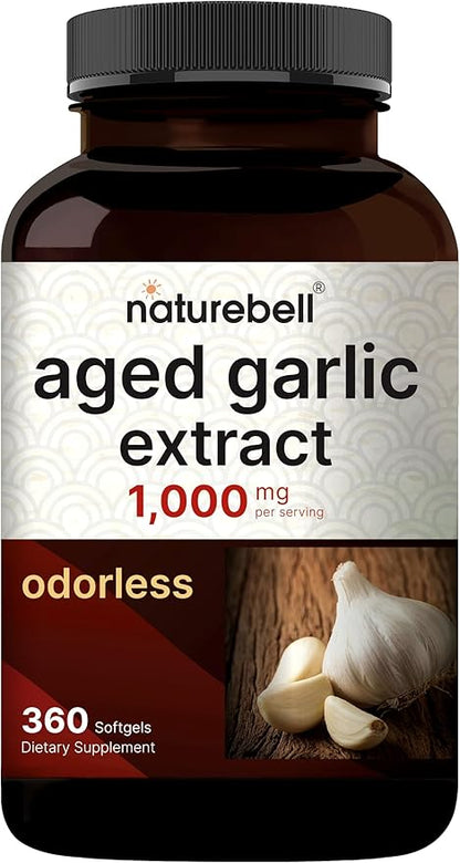 NatureBell Aged Garlic Extract 1,000mg, Over 2 Years Aged, 360 Odorless Softgels – Allium sativum – Made with MCT Oil – Non-GMO, Gluten Free