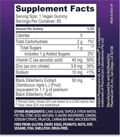Sambucol Elderberry Gummies - Immune Support Supplement for Adults with Vitamin C & Zinc, Sambucus Elderberry with High Antioxidants, Gluten Free, Vegan - 60 Count