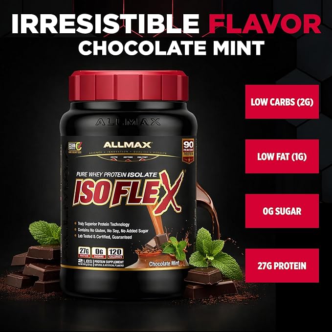 ALLMAX ISOFLEX Pure Whey Isolate Protein Powder - Gluten Free, Low Lactose, Sugar-Free - High-Protein, Clean, Keto-Friendly for Pre Post Workout Supplement for Women and Men | Chocolate Mint, 2lb