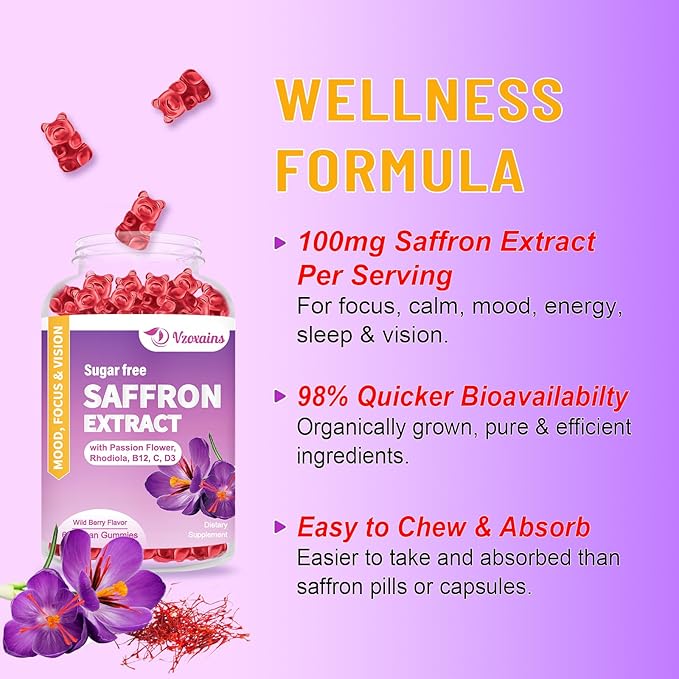 Saffron Gummies, 10 in 1 Saffron Supplements Gummies with Magnesium, Ashwagandha & Rhodiola Rosea, Sugar Free Vegan Mixed Berry Flavor - 60Cts