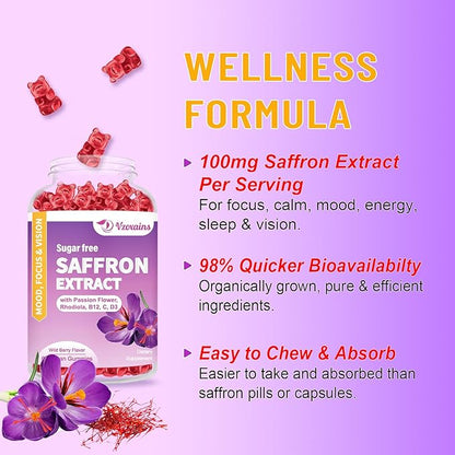 Saffron Gummies, 10 in 1 Saffron Supplements Gummies with Magnesium, Ashwagandha & Rhodiola Rosea, Sugar Free Vegan Mixed Berry Flavor - 60Cts
