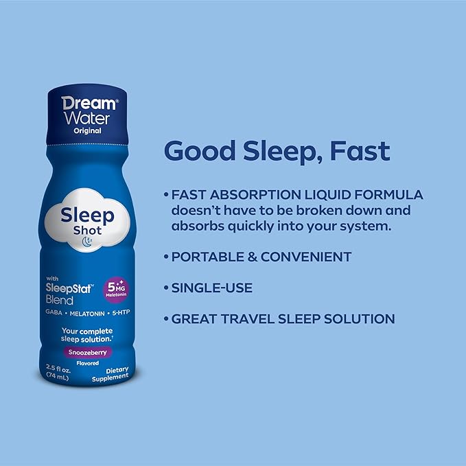 Dream Water Sleep Shots (12 Count) Sleep Aids for Adults - 5mg Melatonin, GABA, 5-HTP - Natural Snoozeberry Flavor (Blue Raspberry) - Liquid Melatonin Supplement - Zero Sugar & Gluten Free - 2.5 oz