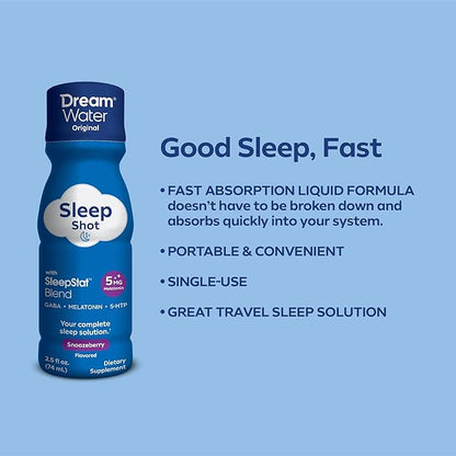 Dream Water Sleep Shots (12 Count) Sleep Aids for Adults - 5mg Melatonin, GABA, 5-HTP - Natural Snoozeberry Flavor (Blue Raspberry) - Liquid Melatonin Supplement - Zero Sugar & Gluten Free - 2.5 oz