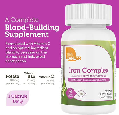 Zahler - Iron Supplement with Vitamin C - Capsule Iron Pills for Women and Men - High Absorption, Easy on Stomach, Kosher Ferrous Iron Supplements with Vitamins C, B12, Folate & More - 100 Count