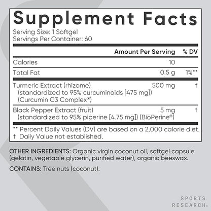 Sports Research® Turmeric Curcumin C3 Complex® w/BioPerine Black Pepper Extract & Organic Coconut Oil - Standardized 95% Curcuminoids · Non-GMO · Gluten Free - 60 Count Softgels