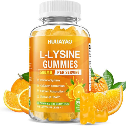 L-Lysine Gummies 500mg, Lysine Gummies Supplement for Immune Support & Skin Health, Collagen Formation Support, Vegan, Gluten Free Chewable Supplement for Adults & Kids, Orange Flavor, 60 Count