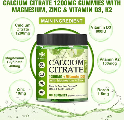 Calcium Citrate 1200mg with Vitamin D3 Supplement for Women and Men - Chewable Calcium Magnesium Zinc D3 K2 Gummies Supplement for Bone, Teeth, Immune Support, Apple Flavor - 60 Gummies