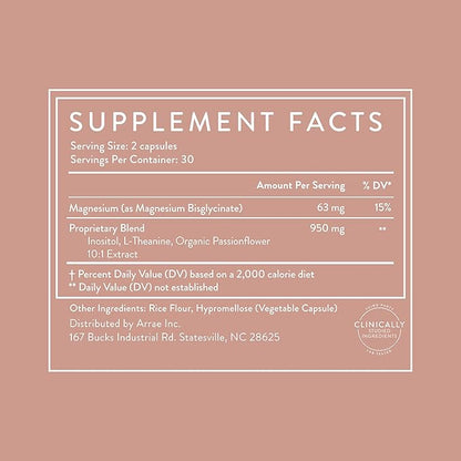 Arrae Calm Cortisol Manager - 60 Stress & Panic Relief Capsules - Mood Support Supplement w/L-Theanine, Inositol, Passionflower, & Magnesium to Help You Feel Zen