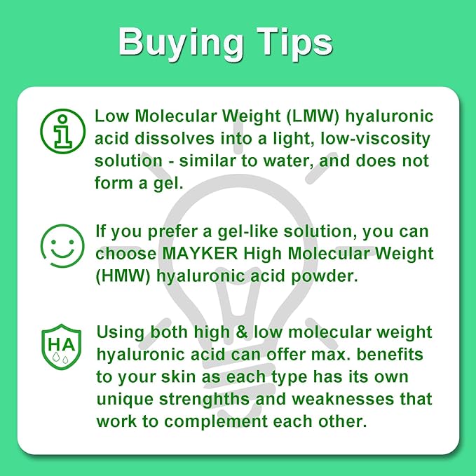 MAYKER Pure Hyaluronic Acid Powder, 1.41 oz | Low Molecular Weight, Cosmetic Grade | For DIY Serums, Creams, Moisturizers | Clear, Watery Texture After Fully Dissolved