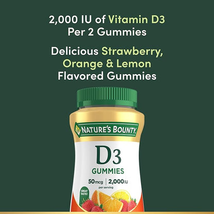 Nature's Bounty Vitamin D3 Gummies, Vitamin Supplement, Supports Immune Health, 50mcg, 2000IU, Mixed Fruit Flavor, 90 Gummies