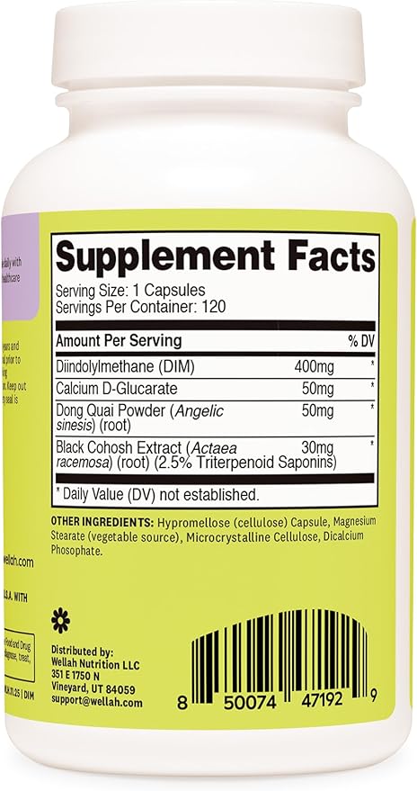 Wellah DIM Supplement (400mg) 120 Capsules - Diindolylmethane, with Calcium D-Glucarate, Dong Quai, and Black Cohosh Extract
