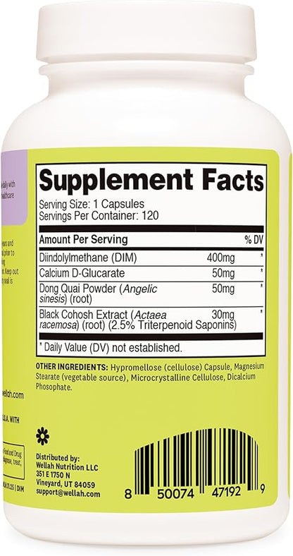 Wellah DIM Supplement (400mg) 120 Capsules - Diindolylmethane, with Calcium D-Glucarate, Dong Quai, and Black Cohosh Extract