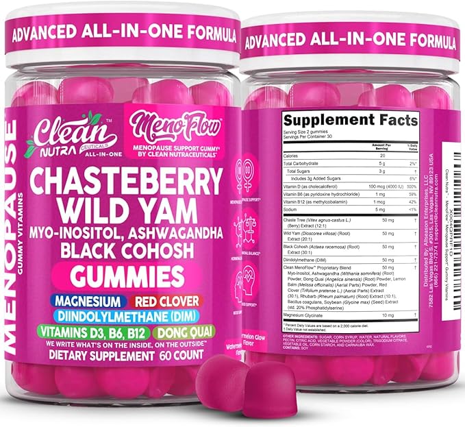 Clean Nutra Menopause Supplements for Women Chastberry Wild Yam Gummies Inositol Black Cohosh Magnesium Red Clover DIM Supplement B6 Magnesium Glycinate Glycine Vitex Hormone Balance Gummy Vitamins