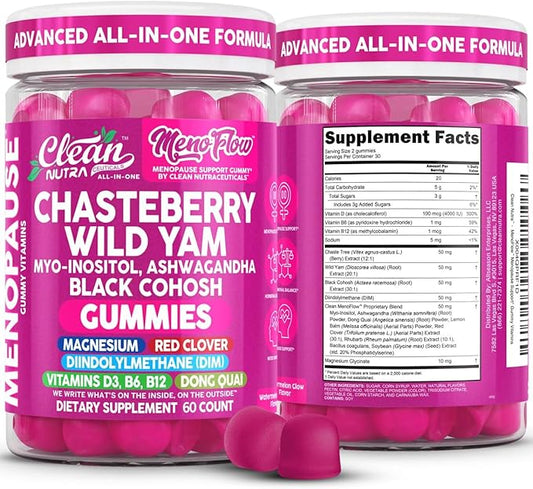 Clean Nutra Menopause Supplements for Women Chastberry Wild Yam Gummies Inositol Black Cohosh Magnesium Red Clover DIM Supplement B6 Magnesium Glycinate Glycine Vitex Hormone Balance Gummy Vitamins