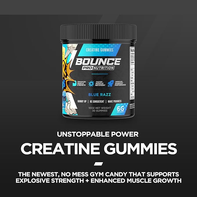 Bounce Pro Creatine Monohydrate Gummies for Men & Women, Low Calorie, 6G of Creatine per Serving, Vegan, Anti-Melting, Gluten-Free, Non-GMO, 2g of Creatine per Gummy (30ct, Blue Razz)