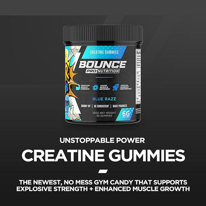 Bounce Pro Creatine Monohydrate Gummies for Men & Women, Low Calorie, 6G of Creatine per Serving, Vegan, Anti-Melting, Gluten-Free, Non-GMO, 2g of Creatine per Gummy (51ct, Blue Razz)