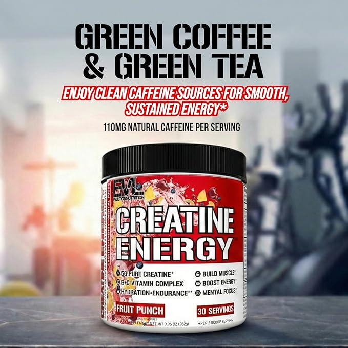 Evlution Nutrition Creatine Energy - Supports Muscle Growth, Boosts Energy, Endurance & Cognition - 5g Pure Creatine Monohydrate Per Serving - B + C Vitamin Complex - 30 Servings - Fruit Punch