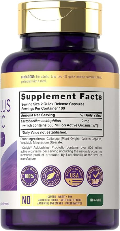 Carlyle Acidophilus Probiotic Capsules for Women and Men | 500 Million CFU | 200 Pills | Lactobacillus Supplement | Non-GMO and Gluten Free