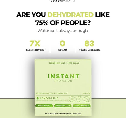 Instant Hydration Electrolytes Powder Packets - Lemon Lime Drink Mix - Zero Sugar - Keto, Vegan, Gluten-Free, Non-GMO - Boost Recovery, Brain Health, Muscle & Tissue Support- 30 Sticks