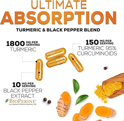 Turmeric Curcumin Supplement - 95% Curcuminoids with Organic Turmeric & BioPerine Black Pepper for Best Absorption - Daily Joint & Immune Health Support, Vegan, Non-GMO, Bottled in USA - 60 Capsules