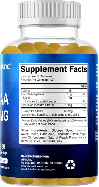 Vitamatic BCAA Gummies - Branch Chain Amino Acid Supplements - Peach Flavor - 600mg per Serving - 60 Vegan Pectin Based Gummies (3 Bottles)