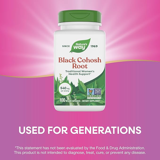 Nature's Way Black Cohosh Root, Traditional Support for Women's Health*, 540 mg per Serving, Non-GMO Project Verified, 100 Capsules (Packaging May Vary)