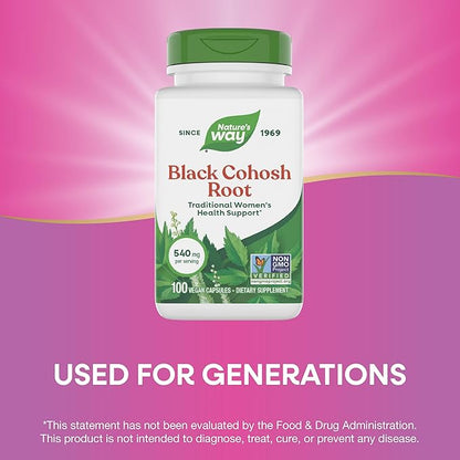 Nature's Way Black Cohosh Root, Traditional Support for Women's Health*, 540 mg per Serving, Non-GMO Project Verified, 100 Capsules (Packaging May Vary)