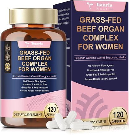 Beef Organ Supplement for Women - Beef Liver, Kidney, Heart,Uterus Tissue - Balance Hormones & Women's Overall Energy - Grass Fed, Pasture Raised - Natural Iron Supplement with Folate - 120 Capsules