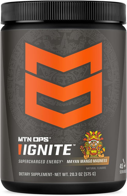 MTN OPS Ignite Sugar Free Energy Drink Powder with 200mg Caffeine, Nootropic Blend for Energy, Focus & Endurance, L Arginine & L Citrulline Pre Workout, 45 Servings, Mayan Mango