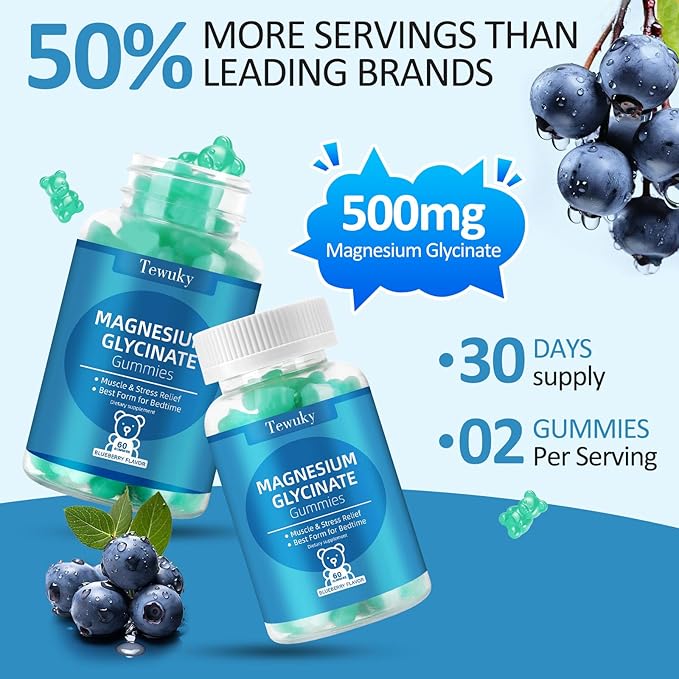 Magnesium Glycinate Gummies 500mg, Sugar-Free for Adults & Kids, Magnesium Gummies for Sleep, Stress & Muscle Relief, Supports Bone & Nerve Health, Vegan, Pectin-Based, 60 Count, Blueberry Flavor