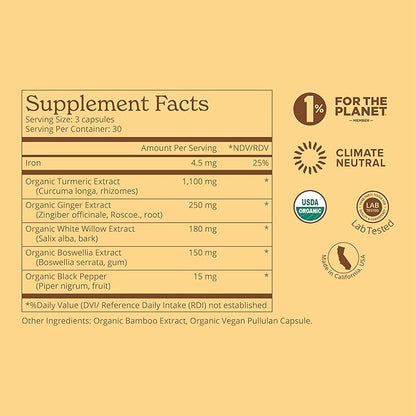 Premium 5-in-1 1100mg Turmeric Curcumin with Black Pepper for Maximized Bioavailability, Plus Boswellia & White Willow. USDA Organic Joint Support, Made in the USA and 3rd Party Tested. 90 Ct.