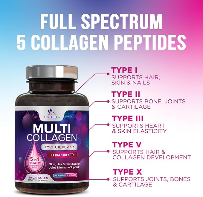 Multi Collagen Pills 2400 mg Per Serving - Advanced Types I, II, III, V, X - Hydrolyzed Multi Collagen Peptides Pills Supplement for Women & Men - Hair, Skin, & Nail Support Supplements - 180 Capsules